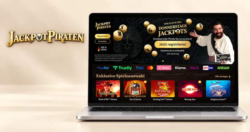 Startseite von jackpotpiraten.de mit Jackpot-Aktion und Zahlungsleiste