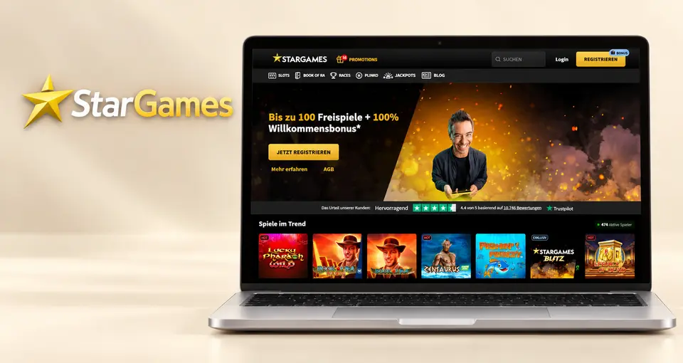 Startseite von stargames.de mit Willkommensbonus und Spielkacheln